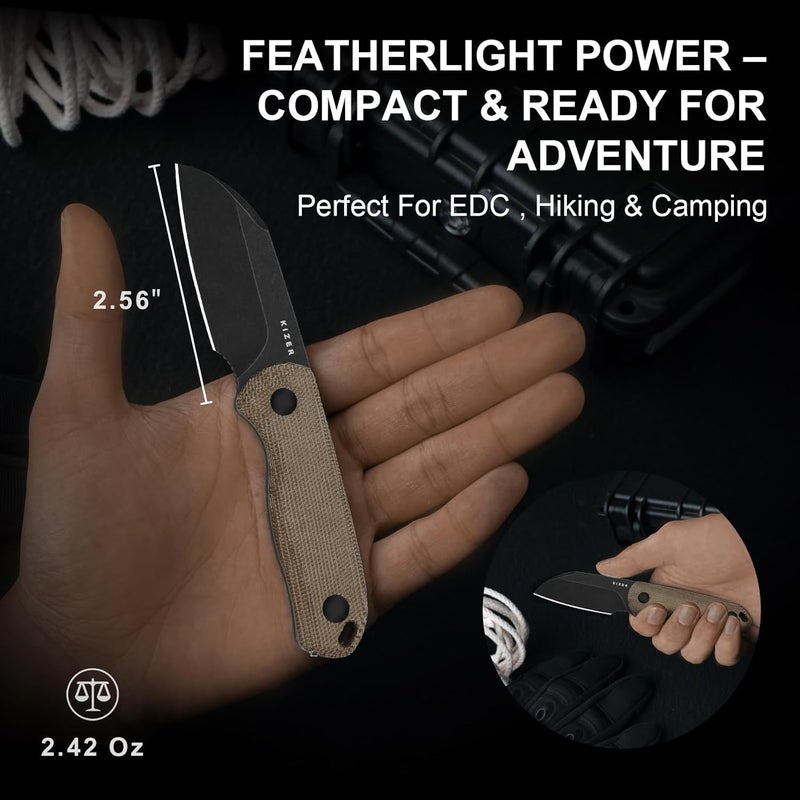KIZER Drop Bear Fixed Blade Knife, 2.56" AEB-L Blade EDC Camping Knife with Norplex UltreX™ Brown Micarta Handle & Built-in Tools, Small Hunting Survival Knives with Adjustable Kydex Sheath, 1093A2 - Image 2